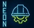 Glowing neon line Worker safety helmet and gear icon isolated on black background. Colorful outline concept. Vector Royalty Free Stock Photo