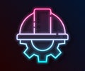 Glowing neon line Worker safety helmet and gear icon isolated on black background. Vector Illustration Royalty Free Stock Photo