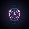Glowing neon line Wrist watch icon isolated on black background. Wristwatch icon. Vector