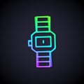 Glowing neon line Wrist watch icon isolated on black background. Wristwatch icon. Vector