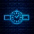 Glowing neon line Wrist watch icon isolated on brick wall background. Wristwatch icon. Vector Illustration