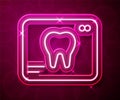 Glowing neon line X-ray of tooth icon isolated on red background. Dental x-ray. Radiology image. Vector