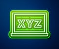 Glowing neon line XYZ Coordinate system on chalkboard icon isolated on blue background. XYZ axis for graph statistics