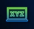Glowing neon line XYZ Coordinate system on chalkboard icon isolated on blue background. XYZ axis for graph statistics