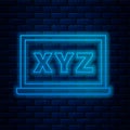 Glowing neon line XYZ Coordinate system on chalkboard icon isolated on brick wall background. XYZ axis for graph