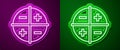 Glowing neon line XYZ Coordinate system icon isolated on purple and green background. XYZ axis for graph statistics