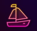 Glowing neon line Yacht sailboat or sailing ship icon isolated on black background. Sail boat marine cruise travel