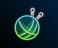 Glowing neon line Yarn ball with knitting needles icon isolated on black background. Label for hand made, knitting or