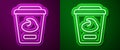 Glowing neon line Yogurt container icon isolated on purple and green background. Yogurt in plastic cup. Vector