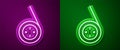 Glowing neon line Yoyo toy icon isolated on purple and green background. Vector