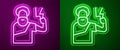 Glowing neon line Zeus icon isolated on purple and green background. Greek god. God of Lightning. Vector Royalty Free Stock Photo