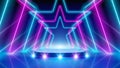 Glowing neon lines, star shaped led arcade, podium, stage light, tunnel. Pink blue purple corridor glowing neon arch, stars. Royalty Free Stock Photo