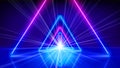 Glowing neon lines, tunnel, abstract technological background, virtual reality. Pink blue purple neon triangular corridor