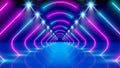 Glowing neon lines, tunnel, led arcade, stage light. Abstract technology background, virtual reality. Pink blue purple corridor