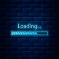 Glowing neon Loading icon isolated on brick wall background. Progress bar icon. Vector