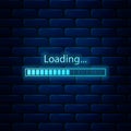 Glowing neon Loading icon isolated on brick wall background. Progress bar icon. Vector
