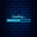 Glowing neon Loading icon isolated on brick wall background. Progress bar icon. Vector