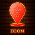 Glowing neon Location corn icon isolated on brick wall background. Vector