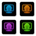 Glowing neon Location farm house icon isolated on white background. Black square button. Vector
