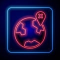 Glowing neon Location on the globe icon isolated on black background. World or Earth sign. Vector