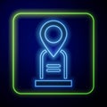 Glowing neon Location grave icon isolated on blue background. Vector