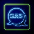 Glowing neon Location and petrol or gas station icon isolated on blue background. Car fuel symbol. Gasoline pump. Vector