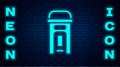 Glowing neon London phone booth icon isolated on brick wall background. Classic english booth phone in london. English