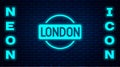 Glowing neon London sign icon isolated on brick wall background. Vector