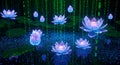 Digital Lotus Flowers in Binary Rain Matrix, Futuristic Floral Neon Art Royalty Free Stock Photo