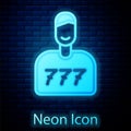 Glowing neon Lucky player icon isolated on brick wall background. Vector