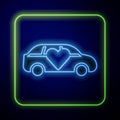 Glowing neon Luxury limousine car icon isolated on blue background. For world premiere celebrities and guests poster