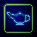 Glowing neon Magic lamp or Aladdin lamp icon isolated on blue background. Spiritual lamp for wish