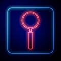 Glowing neon Magnifying glass icon isolated on blue background. Search, focus, zoom, business symbol. Vector Royalty Free Stock Photo