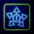 Glowing neon Many ways directional arrow icon isolated on blue background. Vector