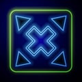 Glowing neon Many ways directional arrow icon isolated on blue background. Vector