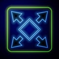 Glowing neon Many ways directional arrow icon isolated on blue background. Vector