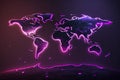 Glowing neon map of the world on dark background