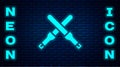 Glowing neon Marshalling wands for the aircraft icon isolated on brick wall background. Marshaller communicated with