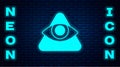 Glowing neon Masons symbol All-seeing eye of God icon isolated on brick wall background. The eye of Providence in the