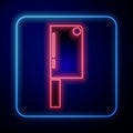Glowing neon Meat chopper icon isolated on blue background. Kitchen knife for meat. Butcher knife. Happy Halloween party