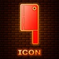 Glowing neon Meat chopper icon isolated on brick wall background. Kitchen knife for meat. Butcher knife. Happy Halloween