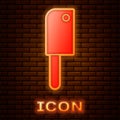 Glowing neon Meat chopper icon isolated on brick wall background. Kitchen knife for meat. Butcher knife. Vector