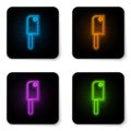 Glowing neon Meat chopper icon isolated on white background. Kitchen knife for meat. Butcher knife. Black square button