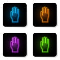 Glowing neon Medical rubber gloves icon isolated on white background. Protective rubber gloves. Black square button