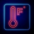 Glowing neon Meteorology thermometer measuring heat and cold icon isolated on blue background. Temperature Fahrenheit