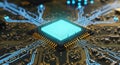 Glowing neon microchip processor futuristic technology circuit board data transfer Royalty Free Stock Photo