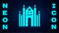 Glowing neon Milan Cathedral or Duomo di Milano icon isolated on brick wall background. Famous landmark of Milan, Italy