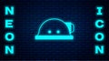 Glowing neon Miner helmet icon isolated on brick wall background. Vector Royalty Free Stock Photo