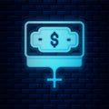 Glowing neon Money growth woman icon isolated on brick wall background. Income concept. Business growth. Investing Royalty Free Stock Photo
