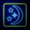 Glowing neon Moon and stars icon isolated on blue background Royalty Free Stock Photo